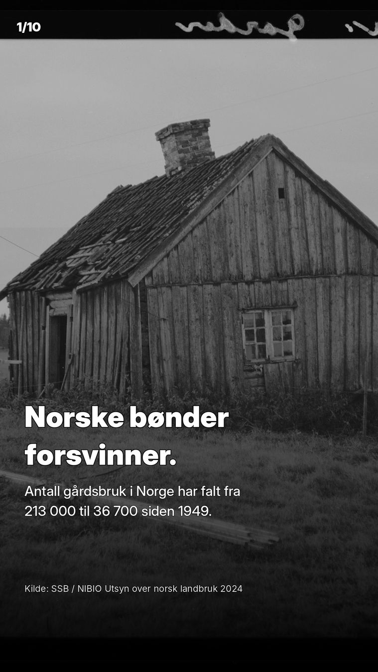 Norske bønder forsvinner. Antall gårdsbruk i Norge har falt fra 213 000 til 36 700 siden 1949.