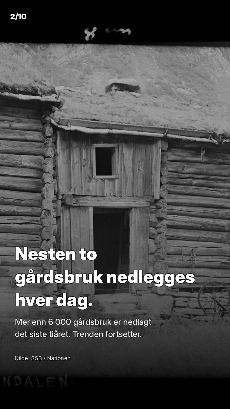 Nesten to gårdsbruk nedlegges hver dag. Mer enn 6000 gårdsbruk er nedlagt det siste tiåret.