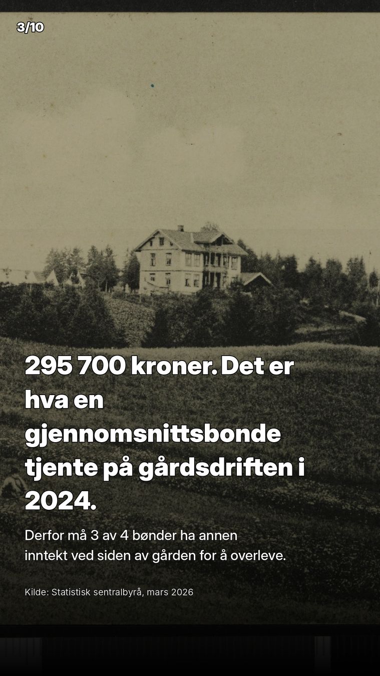 295 700 kroner er hva en gjennomsnittsbonde tjente på gårdsdriften i 2024. Derfor må 3 av 4 bønder ha annen inntekt ved siden av gården.