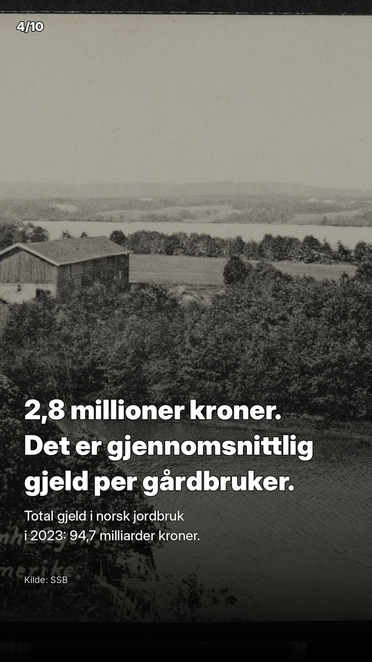 2,8 millioner kroner er gjennomsnittlig gjeld per gårdbruker. Total gjeld i norsk jordbruk i 2023 var 94,7 milliarder kroner.